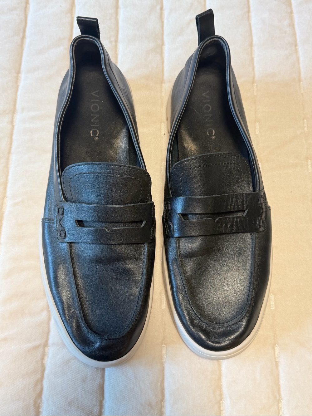 Vionic Black Leather Slip-On Penny Loafers with White Sole